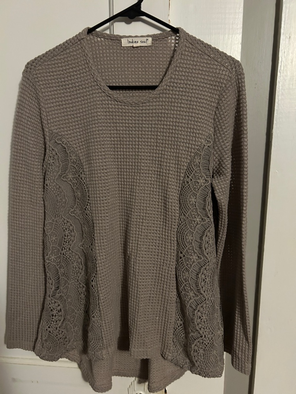 indigo soul Gray Waffle Knit Scoop Neck Sweater with Lace Panels